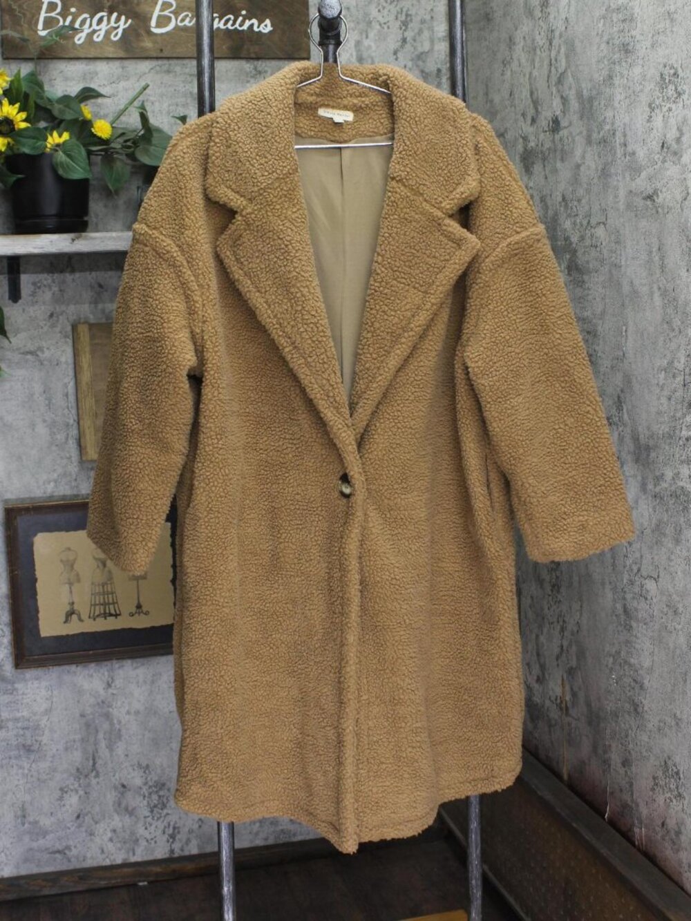 Stevie Hender Womens Long Sherpa Fleece Button Front Parka Jacket Coat Brown S